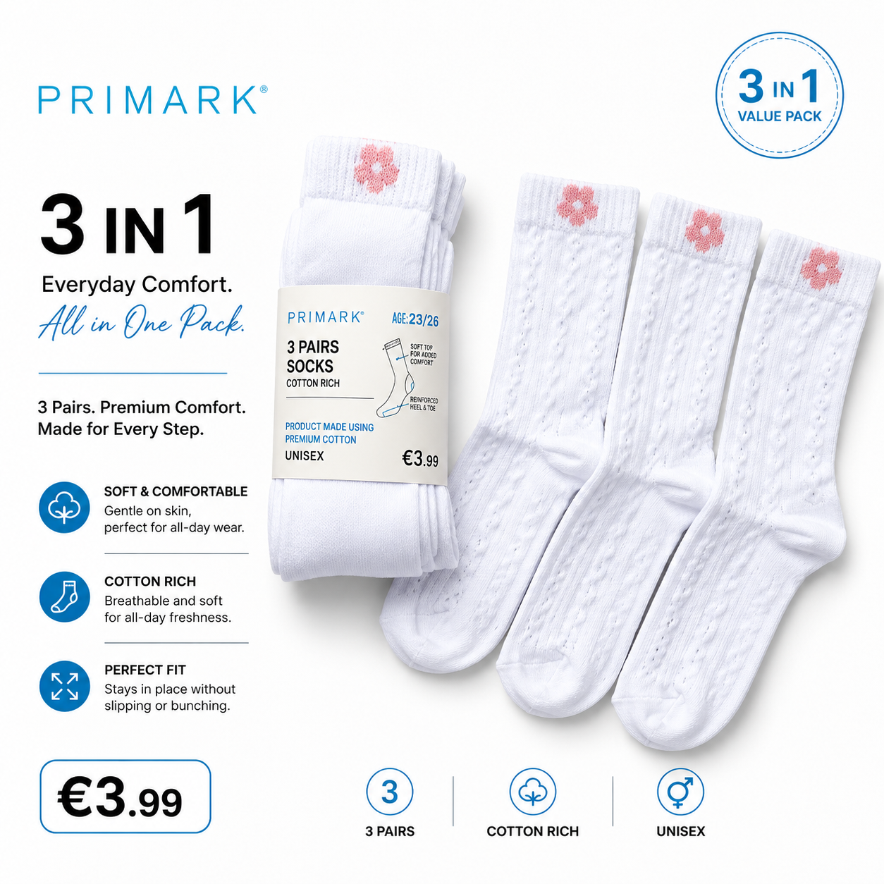 Primark 3in1 Socks - White