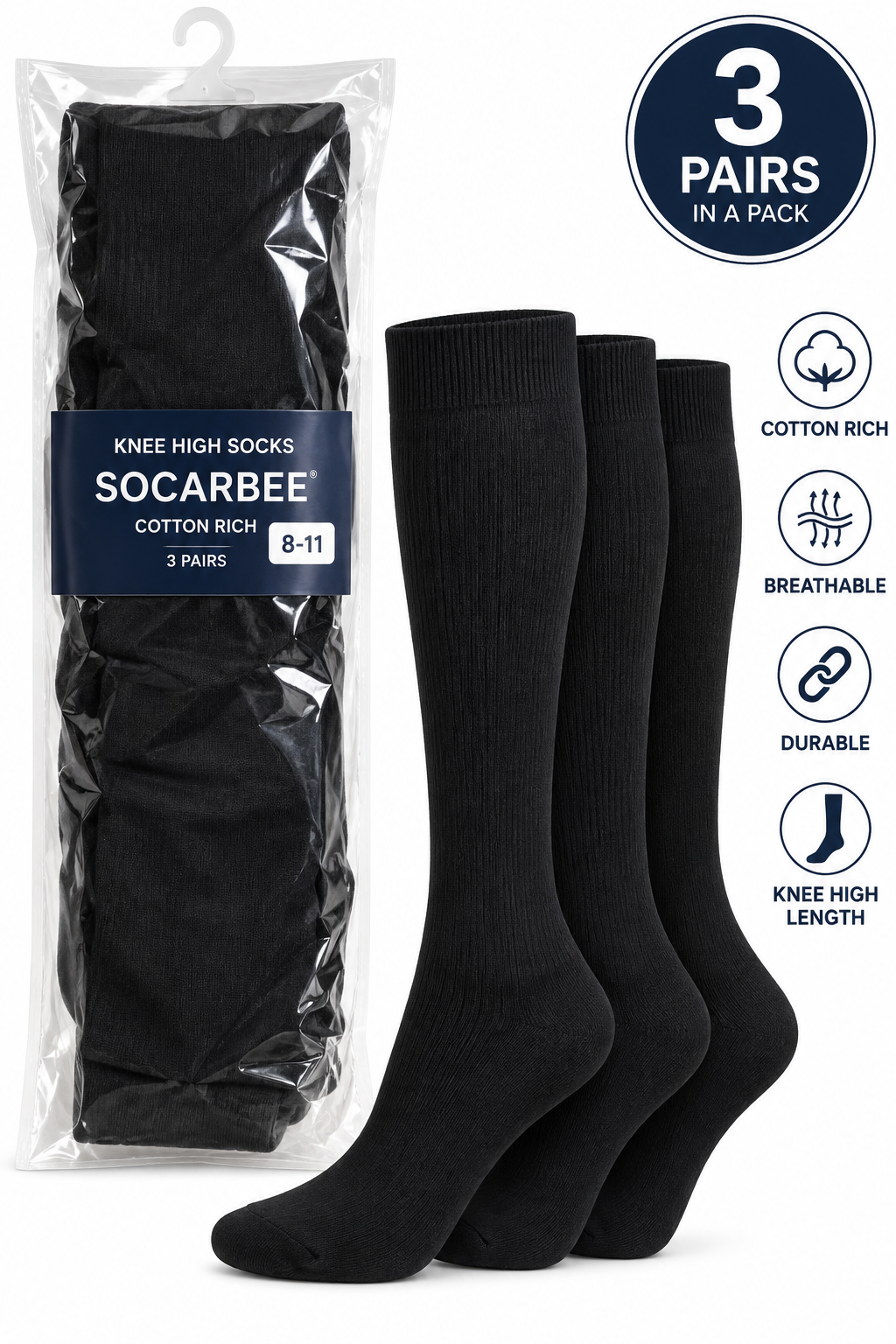 Socarbee Knee Length 3in1 Socks - Black